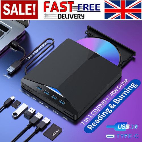 7 IN 1 External USB3.0 Type-C DVD CD RW Drive Burner Reader Player For Laptop PC