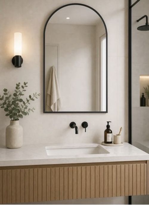 Modern Black Metal Framed Arched Bathroom Wall Mirror 70 x 50 cm Vertical