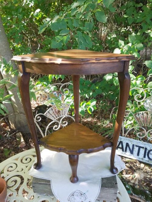 Antique Edwardian Two Tier Mahogany Corner Table Plant Stand Demi Lune Scalloped