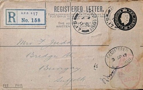 WW1 FRANCE 1917 Etaples APO S.17 Registered Bungay Suffolk Censor C46
