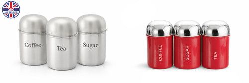 3 Piece Stainless Steel Tea Coffee Sugar Canister Set – Brushed Steel Dome Lid K