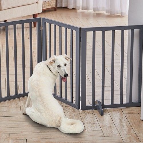 3 Panels Foldable Pet Gate Play Pen Wooden Divider Fences Barrier Doorway Grey