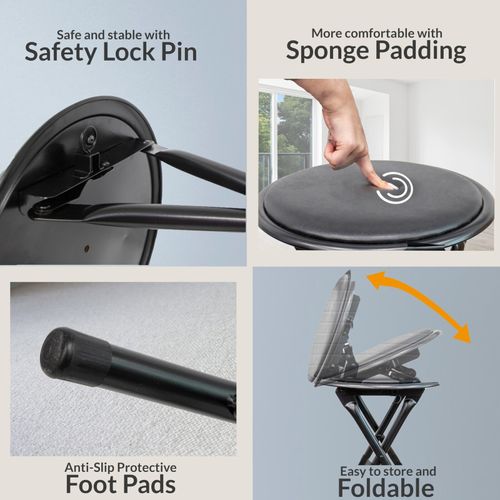 BLACK FOLDING STOOL ROUND FOLDABLE METAL FOR SPACE SAVING STOOLS PADDED SEAT NEW — image 5