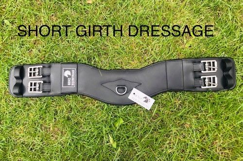 ANATOMICAL NON ELASTIC SHORT GIRTH SOFT PADDED BLACK AND BROWN LEATHER DRESSAGE