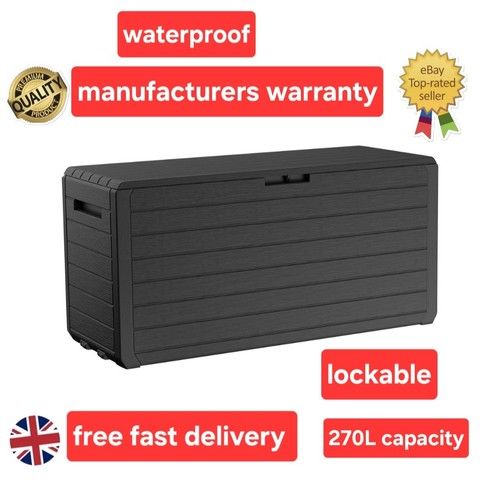 Large Outdoor Storage Box 270L Garden Patio Plastic Chest Lid Container Black
