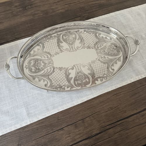 Antique Vintage EPC Silver Plated Serving Tray Ornate Engraved Floral Handles — image 6