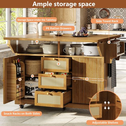 Kitchen Island on Wheels, Storage Trolley Cart with Foldable Top, Rattan Drawers — image 5