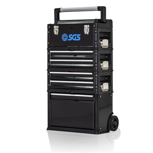 SGS Tool Box Cart 4 Part Stackable Storage 4 Drawers Wheels Handle Black Plastic — image 1