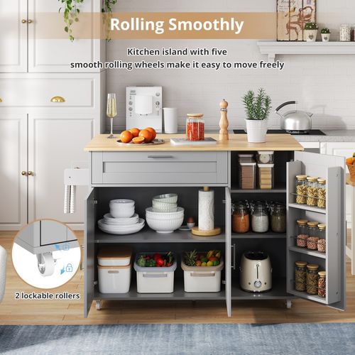 Rolling Kitchen Island Trolley Foldable Tabletop Spice Rack Towel Holder Grey — image 4