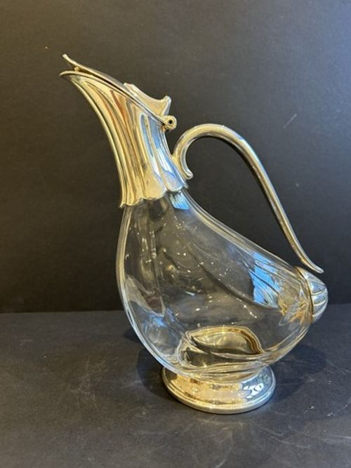 Vintage Glass Claret Jug Wine Decanter with Silver Plated Mounts & Handle