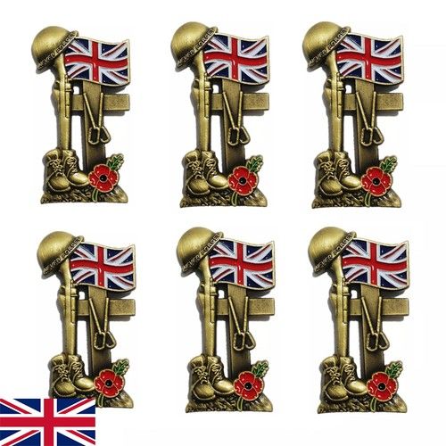 1/6x Lest We Forget Veteran Solider Red Poppies Flower Boots Helmet Pin Badge