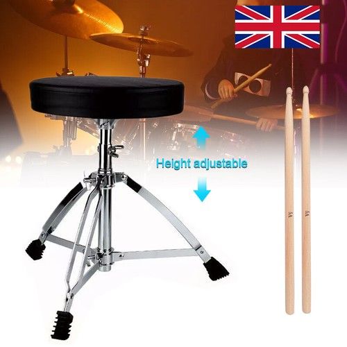 UK Black Padded Adjustable Drum Throne Seat with Maple Wood Drumsticks