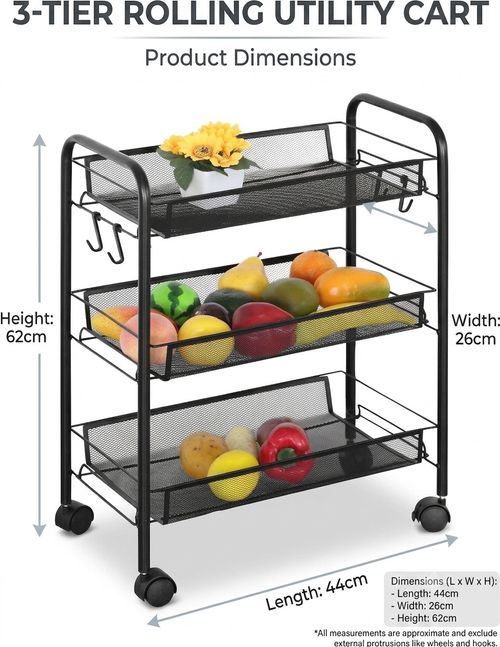 3 Tier Rolling Storage Trolley Cart Metal Kitchen Vegetable Basket Rack Wheels — image 2