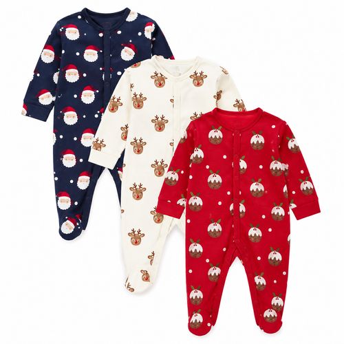 Baby George 3 Pack Christmas Sleepsuits 100% Cotton Soft Festive Santa Xmas Pud  — image 2