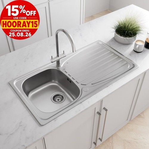 Stainless Steel Inset Kitchen Sink Single 1 Bowl Reversible Drainer FREE Waste