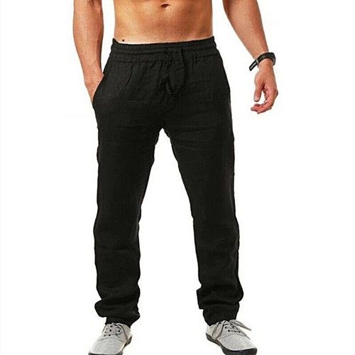 Mens Cotton Linen Trousers Breathable Loose Fit Joggers Beach Summer Casual Wear
