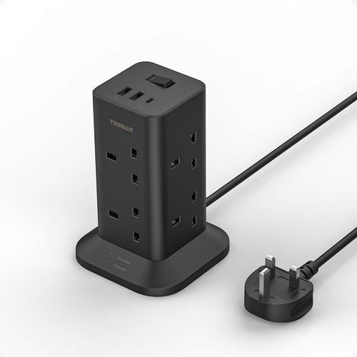 Tower Black Extension Lead with USB C 8 Way 2M Cable Surge Protected Power Strip