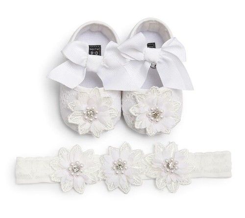 Newborn Baby Girl Pearl Pram Shoes Infant Princess Dress Outfit Shoes + Headband