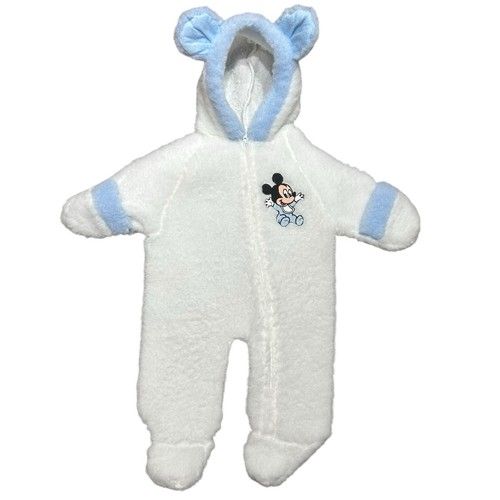 Vintage Disney Baby Mickey Hooded one piece  0-3M Fleece Footed Blue White USA