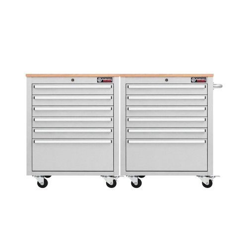 26” Stainless Steel Roller Tool Cabinets with Wooden Worktops – 6 Drawer Hea
