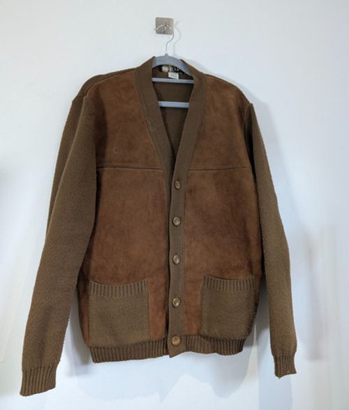 Lucier Suede Cardigan Mens Medium Brown Heavy Knit Mod Grandad Vintage