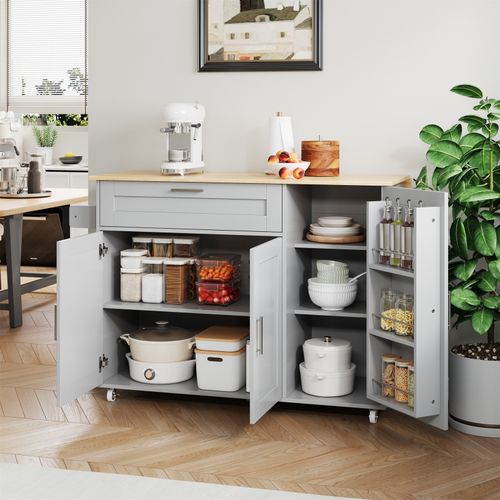 Rolling Kitchen Island Trolley Foldable Tabletop Spice Rack Towel Holder Grey — image 3