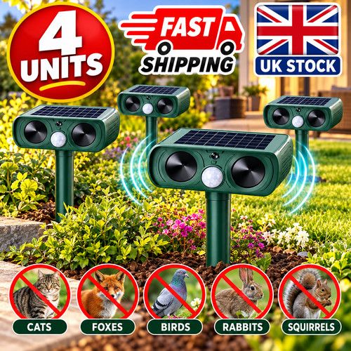 4x Solar Ultrasonic Animal Repeller PIR Cat Fox Dog Deterrent Garden Pest Scarer