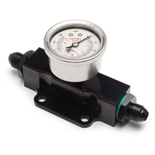 Billet Aluminum 6-AN AN6 Inline Fuel Filter With 1/8 NPT Pressure Gauge 0-160psi