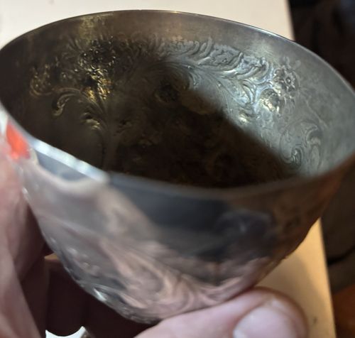 Solid Silver Engraved Floral Scroll Goblet Cup with Hallmarks, Inscribed. 192g. — image 6