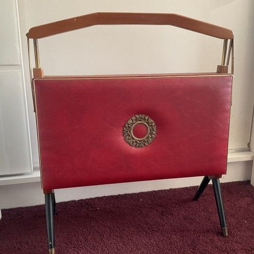 Mid-century Furnway teak, brass and vinyl folding magazine rack Rare Collectible