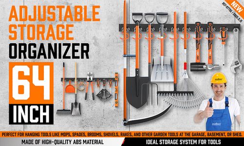 64 Inch Garage Tool Organizer Wall Mount Hooks Adjustable Storage Holders Garden — image 2