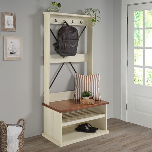 Cottage Coat Rack Bench Hall Tree Cream Solid Pine Wooden Hallway Tidy Storage — image 1
