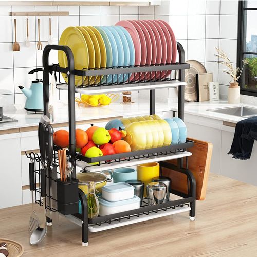 3 TIER DISH DRAINER RACK WITH DRIP TRAY CUTLERY HOLDER PLATE RACK KITCHEN SINK — image 4