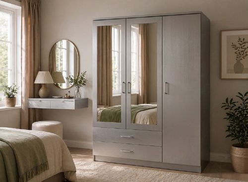 Grey 3 Door Mirror Wardrobe 2 Drawer High Gloss Modern Bedroom Furniture Storage — image 5