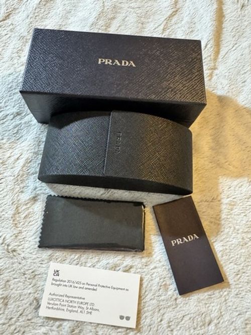PRADA Sunglasses Case Large Black Hard Shell with Blue Box and Cleaning Cloth