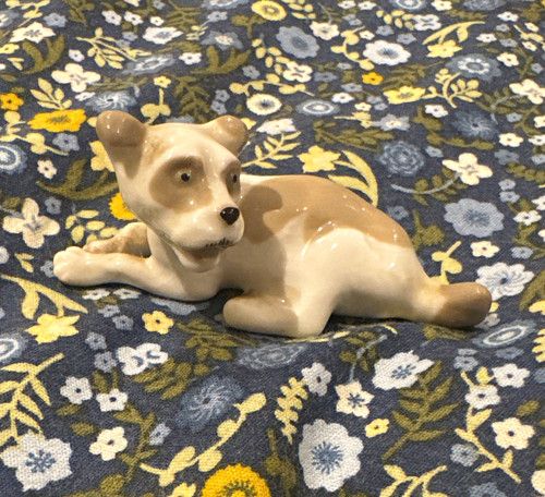 Vintage Lomonosov USSR Porcelain Reclining Puppy Dog Figurine - Red LFZ Mark