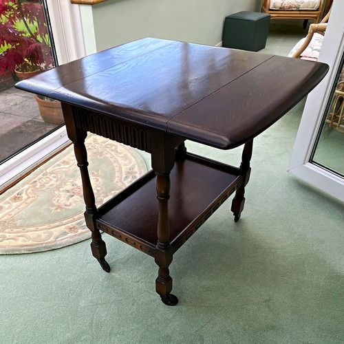 Priory  Vintage Brown Wood Drop Leaf Tea Trolley 4 Wheels Shelf 72x45cm