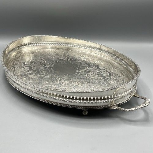 Vintage Silver Plated Gallery Serving Tray Claw Feet Cocktail Tea Handles Footed