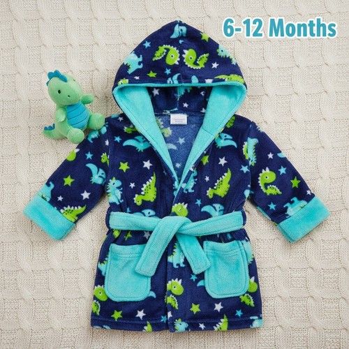 Baby Boys Dino Dressing Gown Hooded Robe Dinosaur Print 6-12 Months Gift Present