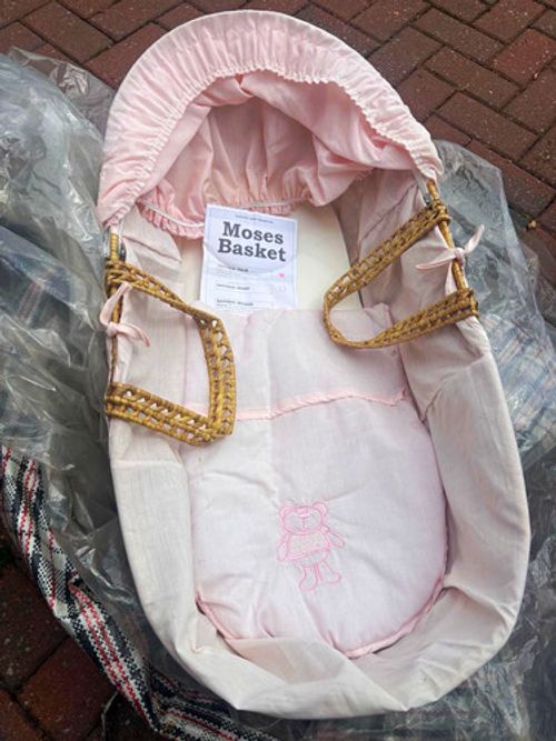 Pink  Moses Basket Teddy with Rocking Stand