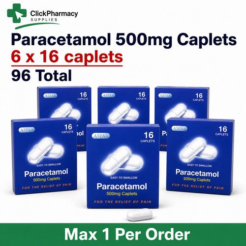 Paracetamol 500mg Caplets - Fever, Pain Relief - 96 Tablets (16 x 6) - 04/ 30