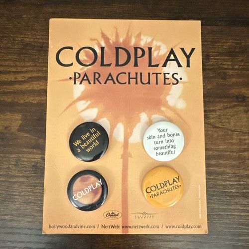 Coldplay Parachutes Promotional Pinback Buttons Set of 4 on Original Card 2000