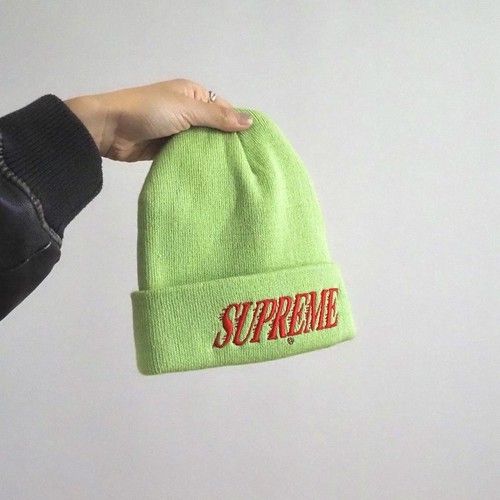 Supreme New York City Green Knit Beanie with Red Embroidered Logo