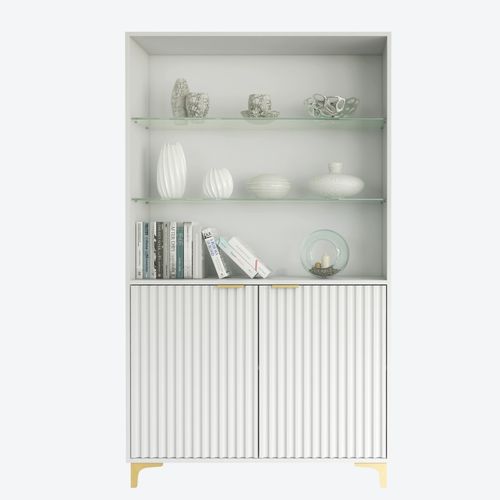 Display Cabinet Tall Unit 175cm Fluted Doors Bookcase White Gold Storage 175cm — image 7