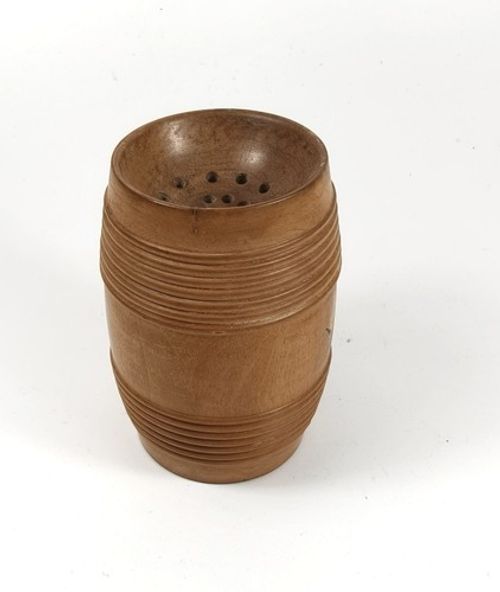 Vintage antique treen turned wood wooden pounce pot boxwood shaker powder barrel
