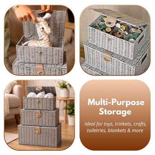 3pc Storage Basket Set - PE Wicker Woven Hamper Box Lid & Lock Stackable Home — image 14