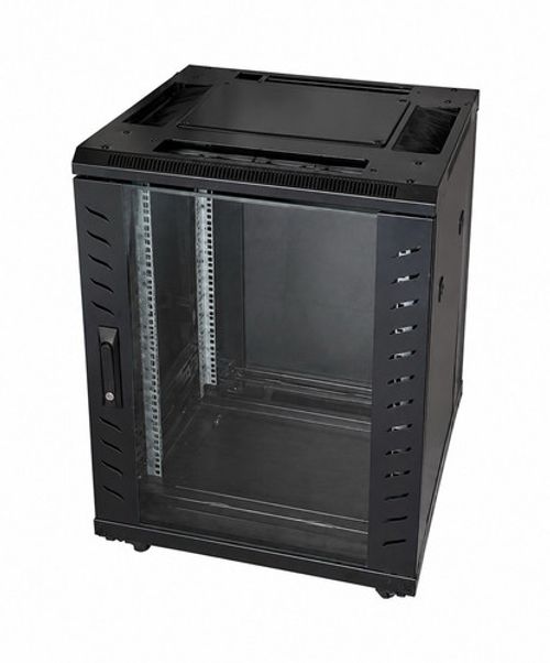Freestanding Black Enclosed Server Rack Cabinet, Glass Front Door, Rack Rails