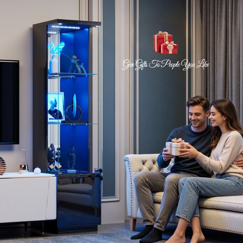 65" Tall Display Cabinet with Glass Doors, Curio Cabinet with 3 Color LED Lights — image 9