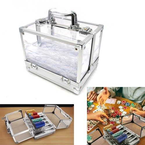 Portable 600Pcs Acrylic Poker Chips Case Storage Box Casino Poker w/6 Rack Trays