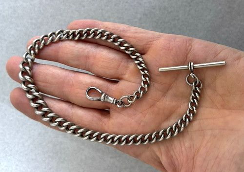 ANTIQUE SILVER TONE POCKET WATCH CURB LINK ALBERT CHAIN vintage dog clip nickel